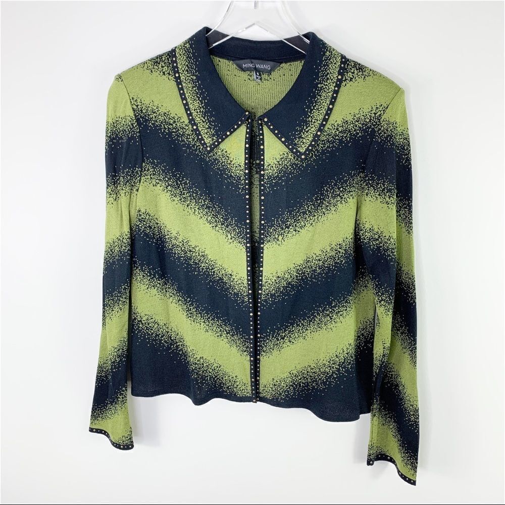Ming Wang Open-Front Green/Black Geometric Sweater Jacket w/Brass Stud Trim Sz S